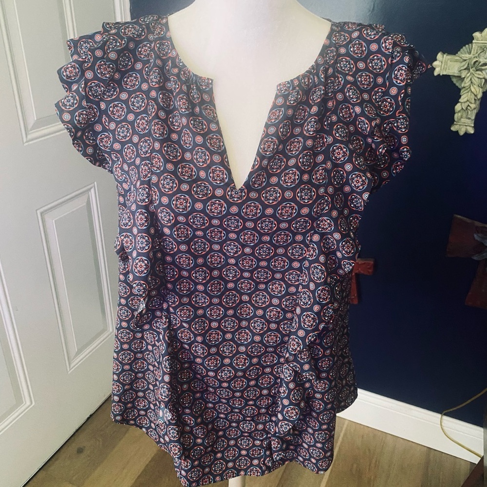 Banana Republic Blue and Orange Ruffled Blouse Flutter Sleeve